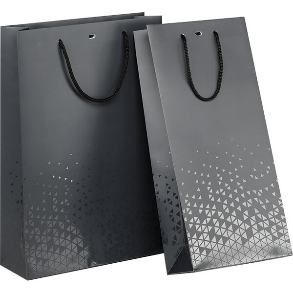 Saco papel 2 garrafas LUZ E SOMBRA cinza/impressão UV alças cordão cinza ilhó separação