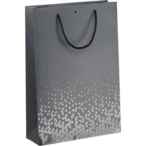 Bolsa papel 3 botellas LUZ Y SOMBRA gris/impresión UV asas cordón gris ojal separador