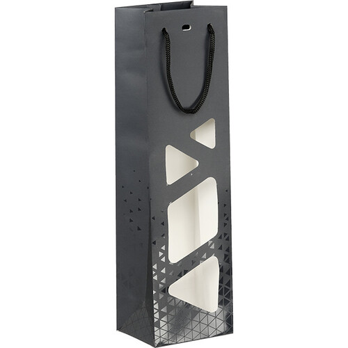 Sac papier 1 bouteille OMBRE ET LUMIERE gris/vernis sélectif découpe poignées corde noire oeillet de fermeture