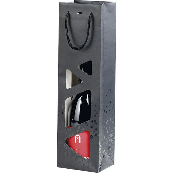 Bolsa papel 1 botella  LUZ Y SOMBRA gris/impresión UV asas cordón gris ojal