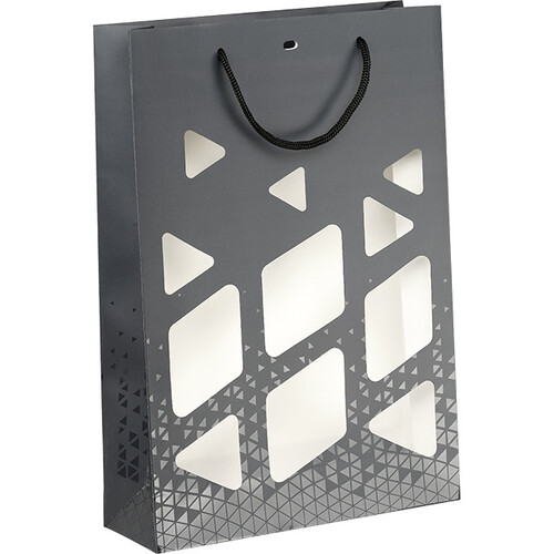 Sac papier 3 bouteilles OMBRE ET LUMIERE gris/vernis sélectif découpe poignées corde noire oeillet de ferm. intercal.