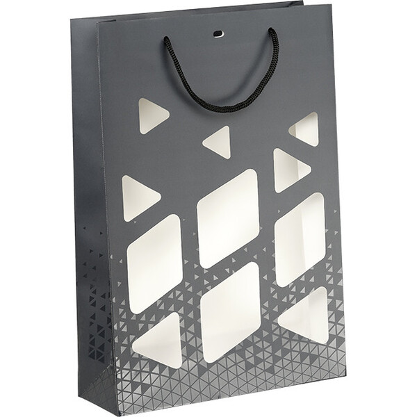 Sac papier 3 btls OMBRE ET LUMIERE gris/vernis sélec. découpe poignées corde noire oeillet ferm. intercal.