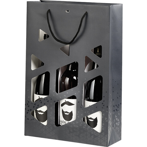 Sac papier 3 btls OMBRE ET LUMIERE gris/vernis sélec. découpe poignées corde noire oeillet ferm. intercal.