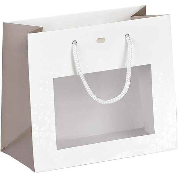Bolsa papel LUZ Y SOMBRA blanco/topo/impresión UV ventana PET asas cordón ojal