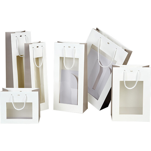 Saco papel LUZ E SOMBRA branco/castanho/ impressão UV janela PET alças cordão ilhó