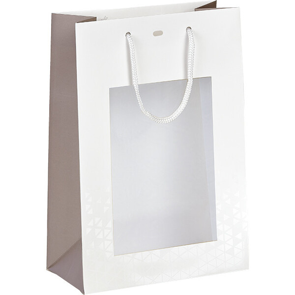 Bolsa papel LUZ Y SOMBRA blanco/topo/impresión UV ventana PET asas cordón ojal