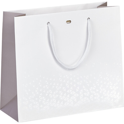 Sac papier OMBRE ET LUMIERE blanc/taupe/vernis sélectif poignées corde blanche oeillet de fermeture
