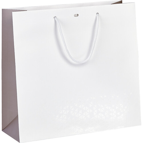 Sac papier OMBRE ET LUMIERE blanc/taupe/vernis sélectif poignées corde blanche oeillet de fermeture