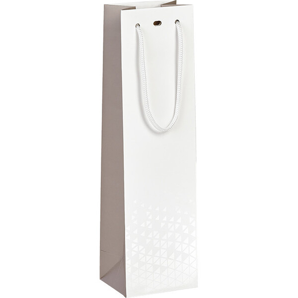 Saco papel 1 garrafa LUZ E SOMBRA branco/castanho/impressão UV alças cordão cinza ilhó