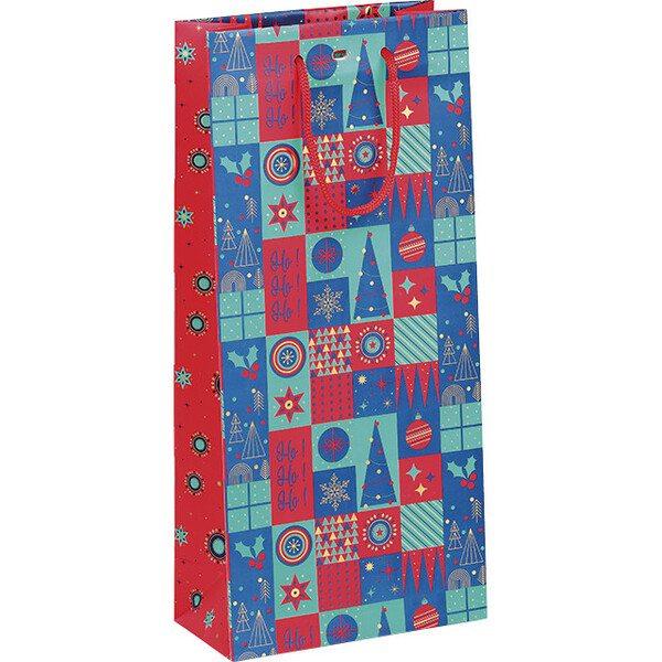 Sac papier 2 bouteilles MOSAIQUE FESTIVE  vert/rouge/or poignées corde rouge intercalaire oeillet de ferm.