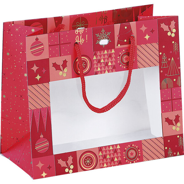 Sac papier MOSAIQUE FESTIVE rouge/dorure à chaud fenêtre PET poignées corde rouge oeillet de fermeture