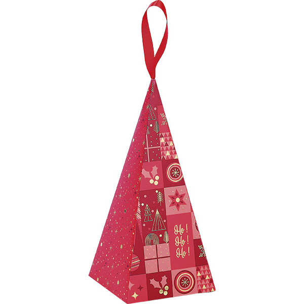 Pyramide papier MOSAIQUE FESTIVE rouge/dorure à chaud ruban satin rouge