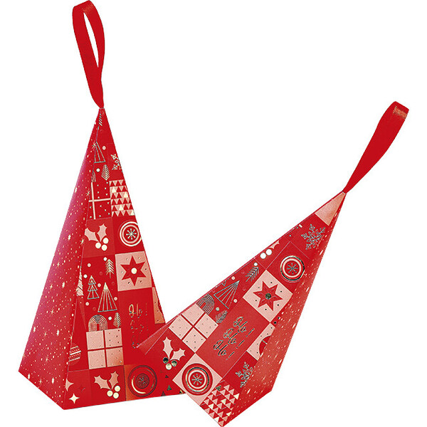Pyramide papier MOSAIQUE FESTIVE rouge/dorure à chaud ruban satin rouge