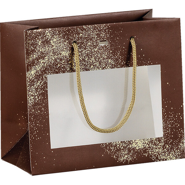 Saco papel PO DE OURO castanho/estampagem a quente ouro janela PET alças cordão dourado ilhó