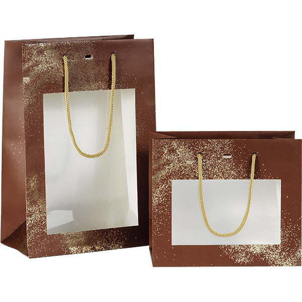 Bolsa papel POLVO DE ORO marrón/estampación en caliente dorado ventana PET asas cordón oro ojal