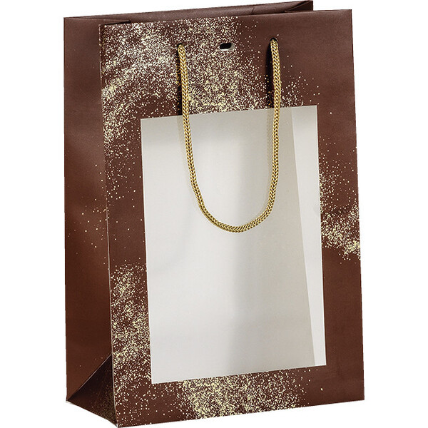 Bag paper GOLDEN POWDER brown/gold hot foil stamping PET window cord handles gold eyelet