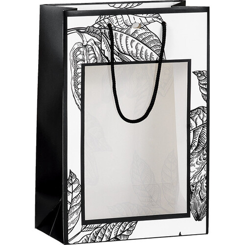 Saco papel PRESTIGIO CACAU branco/preto janela PET alças cordão preto ilhó