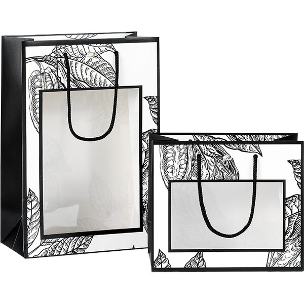 Bolsa papel PRESTIGIO CACAO blanco/negro ventana PET asas cordón negro ojal