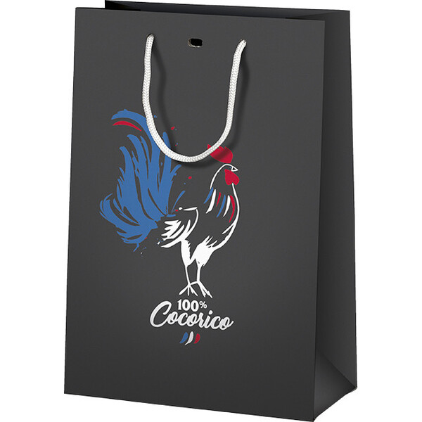 Sac papier 100% COCORICO poignées corde blanche oeillet de fermeture