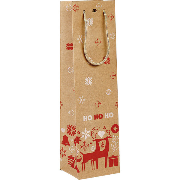 Saco papel kraft 1 garrafa NORDIK vermelho/branco alças cordão vermelho ilhó
