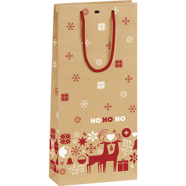 Sac papier kraft 2 bouteilles NORDIK rouge/blanc poignée corde rouge oeillet de fermeture intercalaire