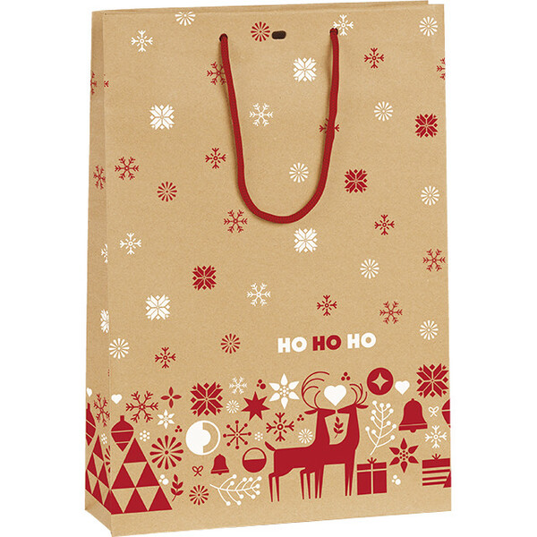 Bolsa papel kraft 3 botellas NORDIK rojo/blanco asas cuerda blanca ojal separador
