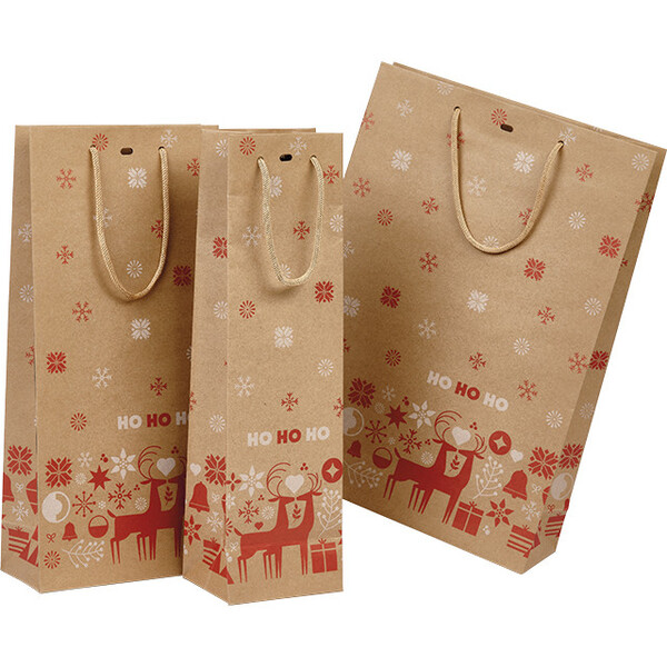 Sac papier kraft 3 bouteilles NORDIK rouge/blanc poignée corde rouge oeillet de fermeture intercalaire