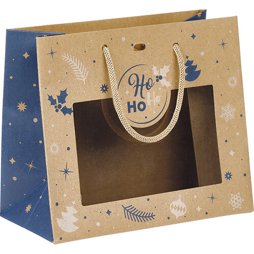 Sac papier kraft HIVER EN FETES bleu/blanc fenêtre PET poignées corde kraft oeillet de fermeture