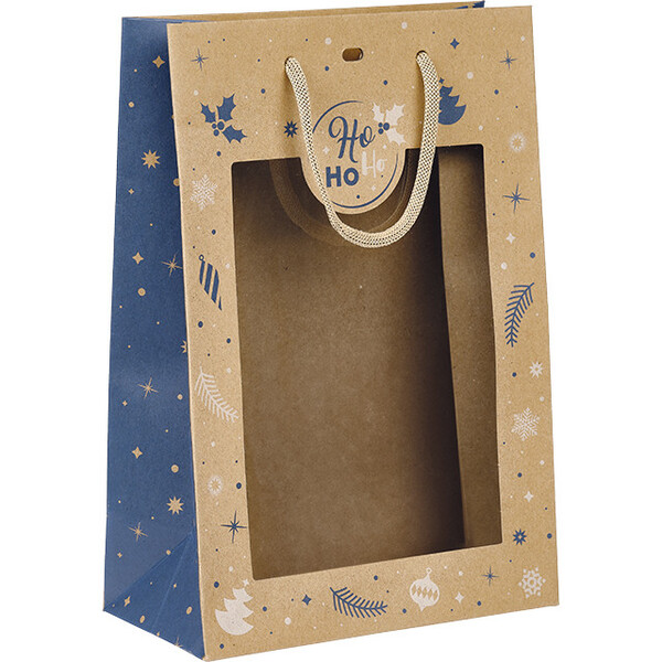 Bolsa papel kraft INVIERNO FESTIVO azul/blanco ventana PET asas cuerda kraft ojal