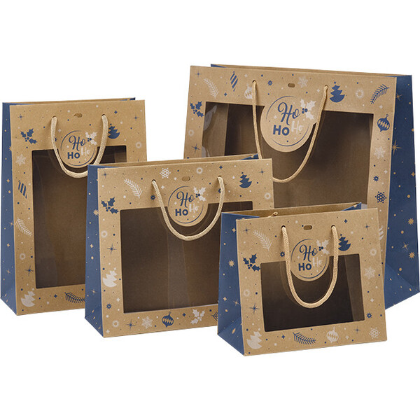 Bolsa papel kraft INVIERNO FESTIVO azul/blanco ventana PET asas cuerda kraft ojal