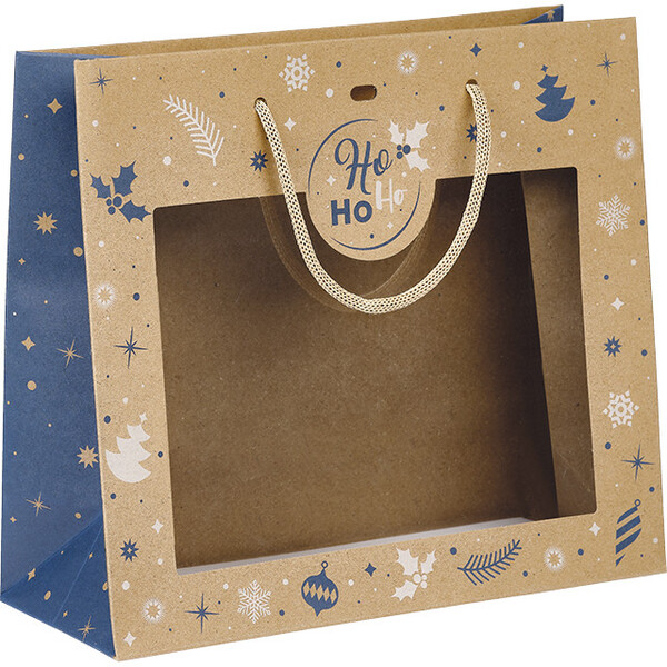 Bag paper kraft WINTER FESTIVITIES blue/white PET window handles cord kraft eyelet