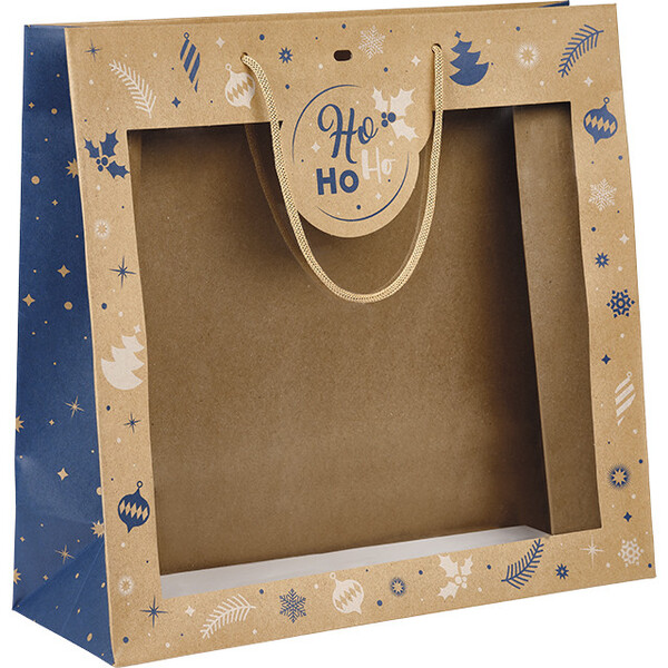 Sac papier kraft HIVER EN FETES bleu/blanc fenêtre PET poignées corde kraft oeillet de fermeture-Les Bonnes Affaires 2026