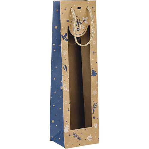 Bag paper 1 bottle WINTER FESTIVITIES blue/white PET window handles cord kraft eyelet