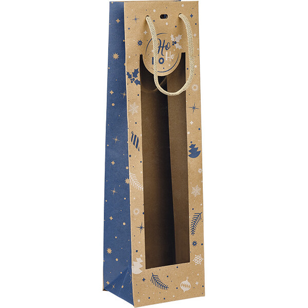 Sac papier 1 bouteille HIVER EN FETES bleu/blanc fenêtre PET poignée corde kraft oeillet de fermeture-Les Bonnes Affaires 2026