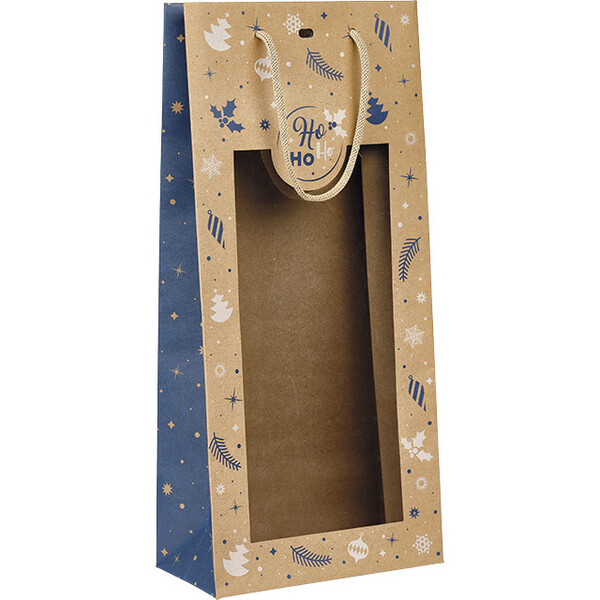 Sac papier 2 bouteilles HIVER EN FETES bleu/blanc fenêtre PET poignée corde kraft oeillet de fermeture intercalaire