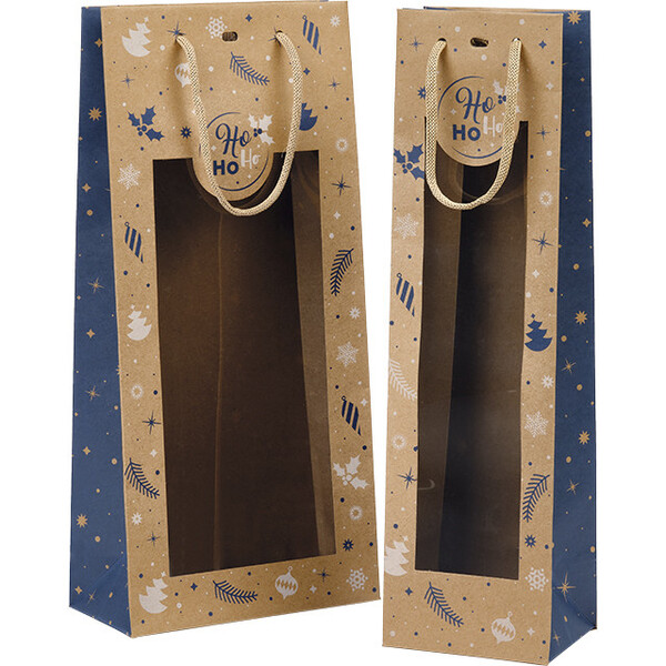 Bolsa papel 2 botellas INVIERNO FESTIVO azul/blanco ventana PET asas cuerda kraft ojal separador