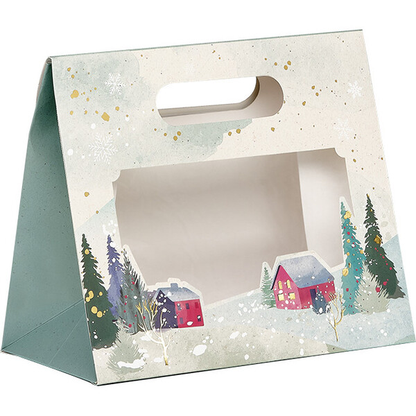 Bolsa papel PUEBLO NEVADO blanco/negro/estampación en caliente dorado ventana PET cierre adhesivo