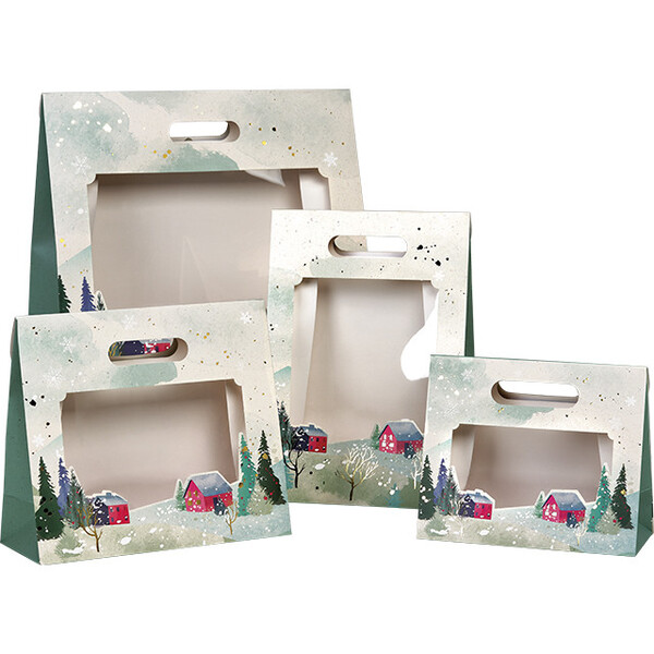 Bolsa papel PUEBLO NEVADO blanco/negro/estampación en caliente dorado ventana PET cierre adhesivo