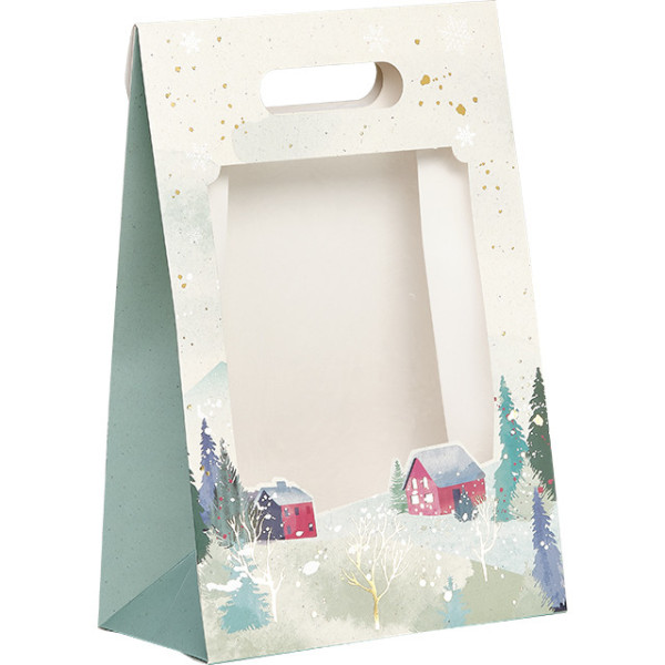 Bag paper foldover SNOWY COUNTRY/gold hot foil stamping PET window adhesive closure