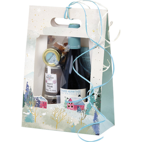 Bag paper foldover SNOWY COUNTRY/gold hot foil stamping PET window adhesive closure