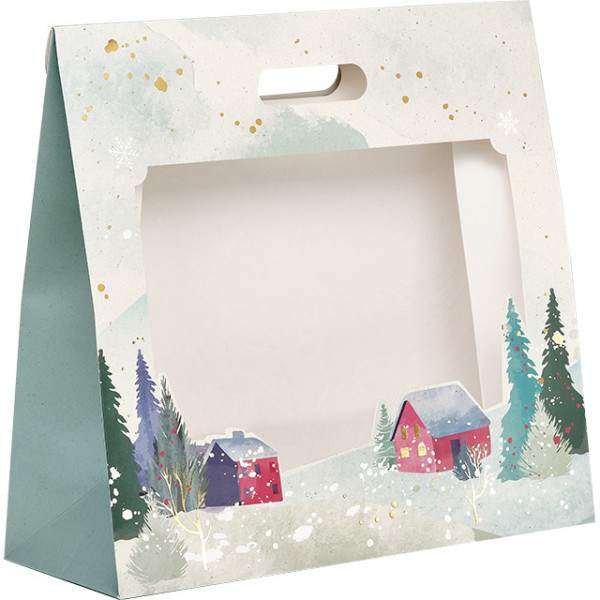 Sac papier pochette CAMPAGNE ENNEIGEE/dorure à chaud fenêtre PET fermeture adhésif