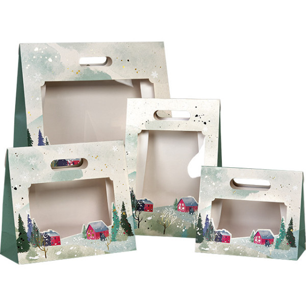 Bag paper foldover SNOWY COUNTRY/gold hot foil stamping PET window adhesive closure