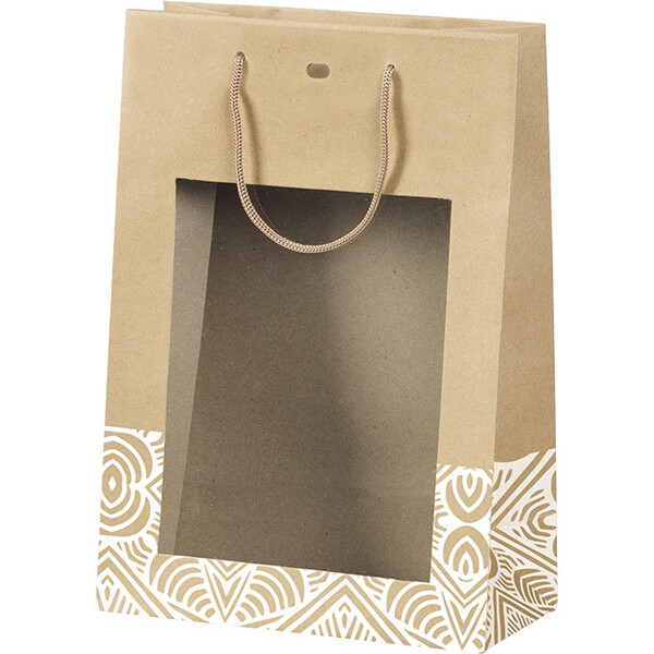Sac papier kraft BOHO blanc/fenêtre PET/poignées corde/oeillet de fermeture