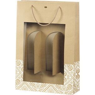 Bag paper kraft 3 bottles BOHO white/PET window/cord...