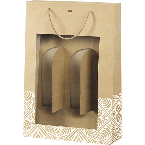 Bag paper kraft 3 bottles BOHO white/PET window/cord handles/eyelet