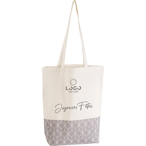 Sac coton naturel/décor rosaces gris 2 anses -...