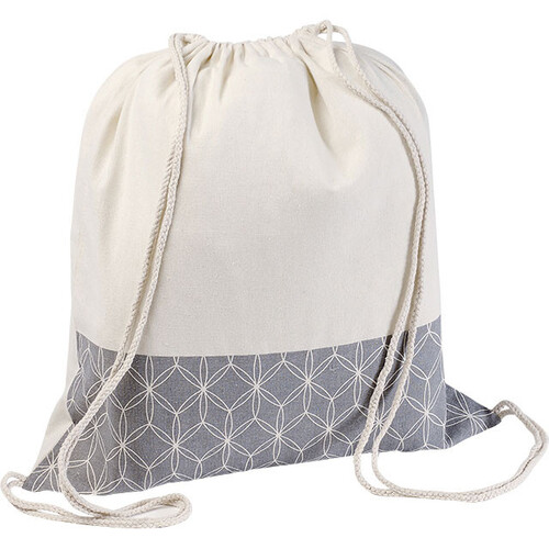 Sac à dos coton naturel/décor rosaces gris anses cordelettes