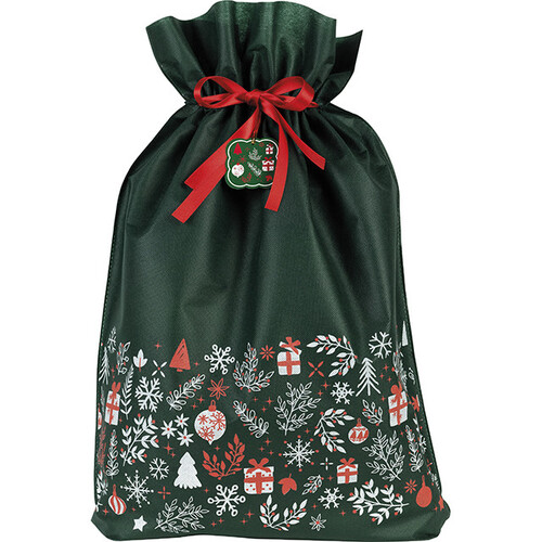 Sac polypropylène intissé vert/blanc/rouge ruban satin rouge/étiquette