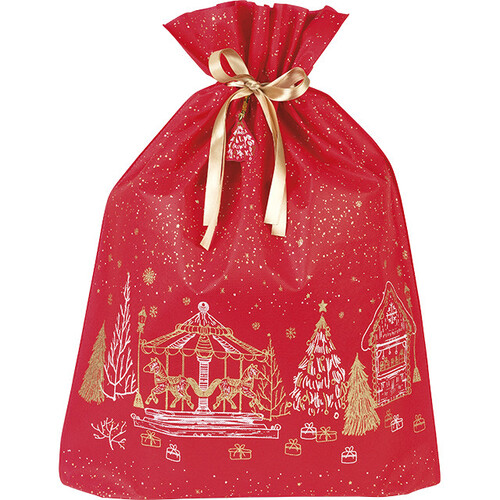 Sac polypropylène intissé rouge/blanc/or chalets ruban satin or/étiquette