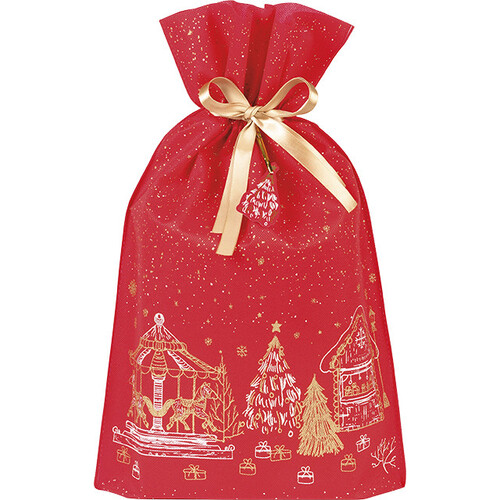 Sac polypropylène intissé rouge/blanc/or chalets ruban satin or/étiquette